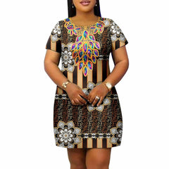 African Women's Plus Size Dress Casual Style Ankara Printed Fabric Loose Round Neck Casual Dress A2225145 - SHOWLU FASHION STORE
