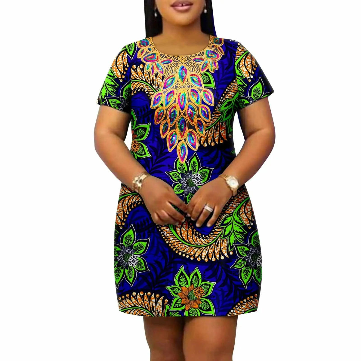 African Women's Plus Size Dress Casual Style Ankara Printed Fabric Loose Round Neck Casual Dress A2225145 - SHOWLU FASHION STORE