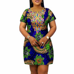 African Women's Plus Size Dress Casual Style Ankara Printed Fabric Loose Round Neck Casual Dress A2225145 - SHOWLU FASHION STORE
