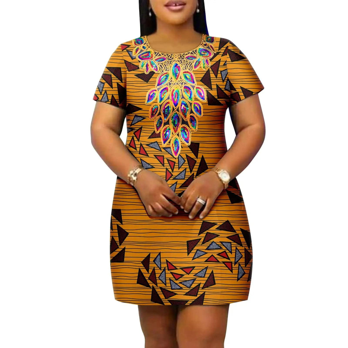 African Women's Plus Size Dress Casual Style Ankara Printed Fabric Loose Round Neck Casual Dress A2225145 - SHOWLU FASHION STORE