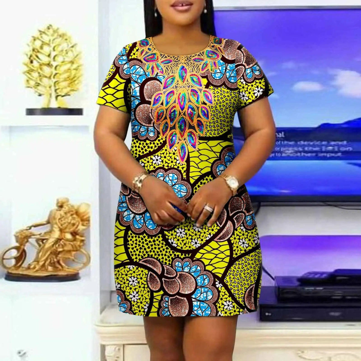 African Women's Plus Size Dress Casual Style Ankara Printed Fabric Loose Round Neck Casual Dress A2225145 - SHOWLU FASHION STORE