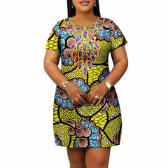 African Women's Plus Size Dress Casual Style Ankara Printed Fabric Loose Round Neck Casual Dress A2225145 - SHOWLU FASHION STORE