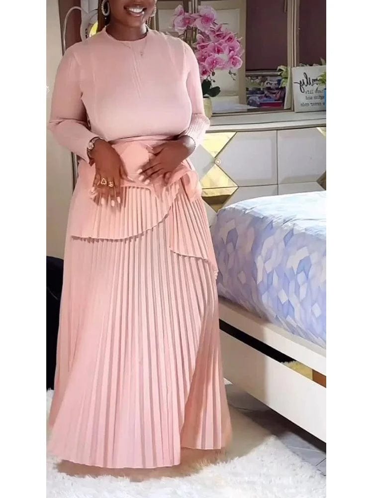 ANLAN Fashion Party Pleated 2 Piece Sets Women Round Neck Irregular Belt Gathered Waist Solid Long Dresses 2024 New 23AN6908 - SHOWLU FASHION STORE