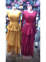 ANLAN Fashion Party Pleated 2 Piece Sets Women Round Neck Irregular Belt Gathered Waist Solid Long Dresses 2024 New 23AN6908 - SHOWLU FASHION STORE
