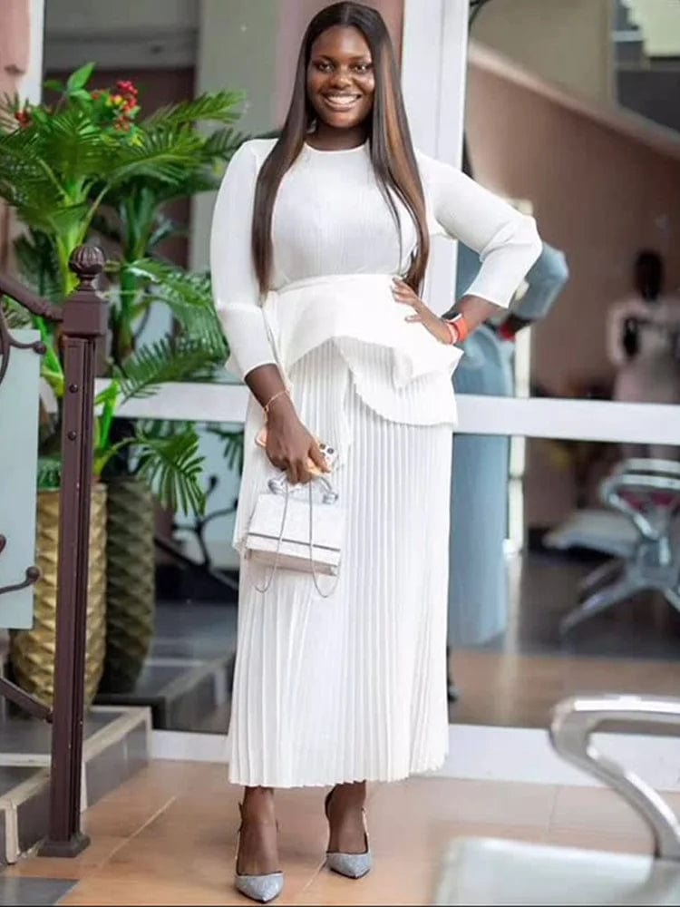 ANLAN Fashion Party Pleated 2 Piece Sets Women Round Neck Irregular Belt Gathered Waist Solid Long Dresses 2024 New 23AN6908 - SHOWLU FASHION STORE