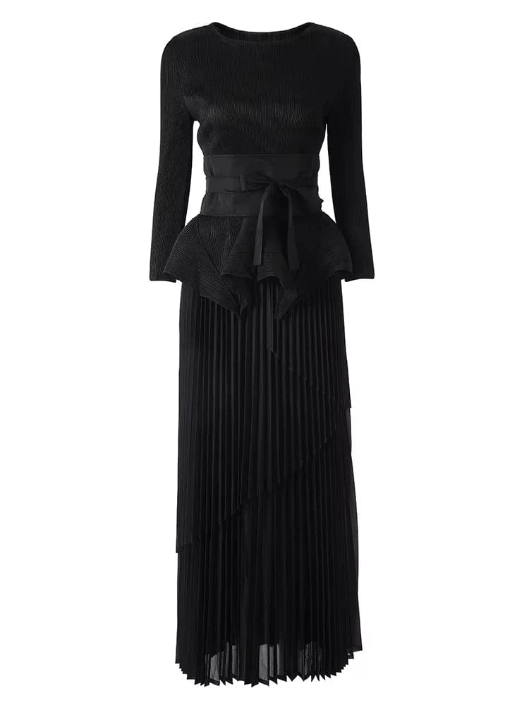 ANLAN Fashion Party Pleated 2 Piece Sets Women Round Neck Irregular Belt Gathered Waist Solid Long Dresses 2024 New 23AN6908 - SHOWLU FASHION STORE