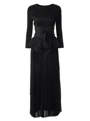 ANLAN Fashion Party Pleated 2 Piece Sets Women Round Neck Irregular Belt Gathered Waist Solid Long Dresses 2024 New 23AN6908 - SHOWLU FASHION STORE