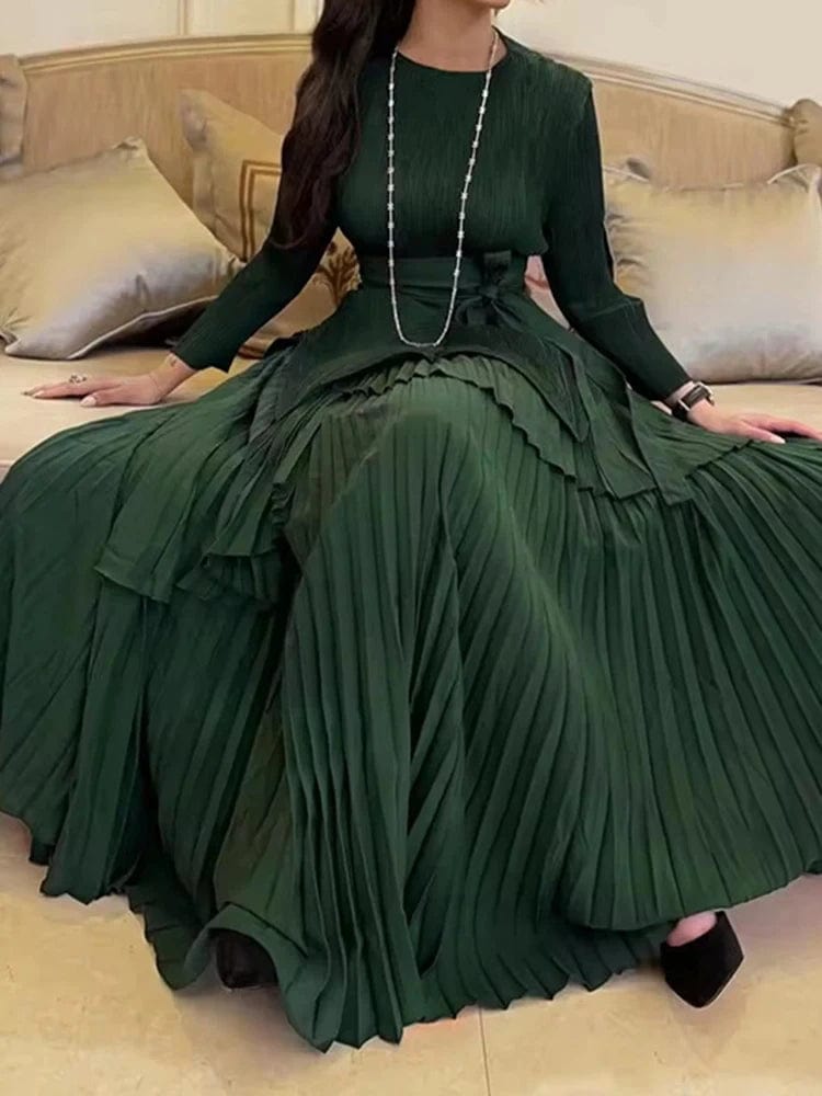 ANLAN Fashion Party Pleated 2 Piece Sets Women Round Neck Irregular Belt Gathered Waist Solid Long Dresses 2024 New 23AN6908 - SHOWLU FASHION STORE