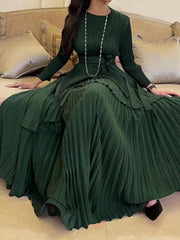 ANLAN Fashion Party Pleated 2 Piece Sets Women Round Neck Irregular Belt Gathered Waist Solid Long Dresses 2024 New 23AN6908 - SHOWLU FASHION STORE