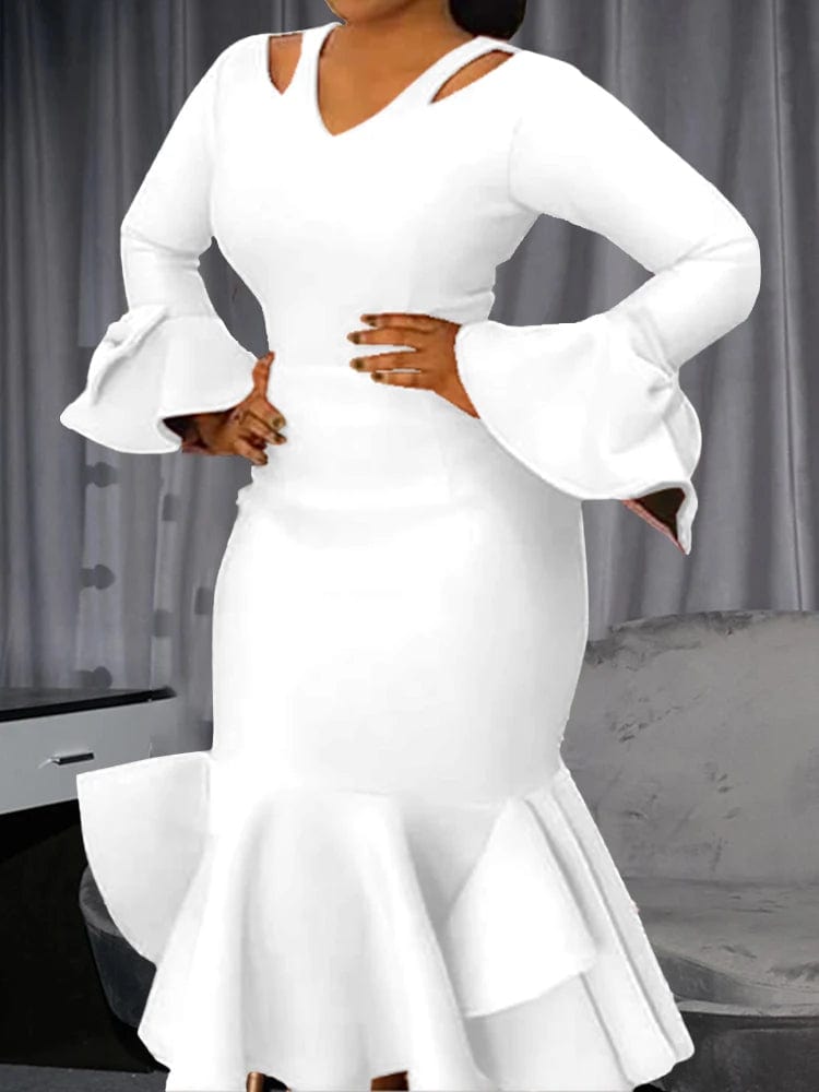 AOMEI Women Bodycon Party Dress Long Flare Sleeves Cold Shoulder Ruffles Bowtie Elegant Evening Birthday Event Robes Female 4XL - SHOWLU FASHION STORE