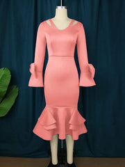 AOMEI Women Bodycon Party Dress Long Flare Sleeves Cold Shoulder Ruffles Bowtie Elegant Evening Birthday Event Robes Female 4XL - SHOWLU FASHION STORE