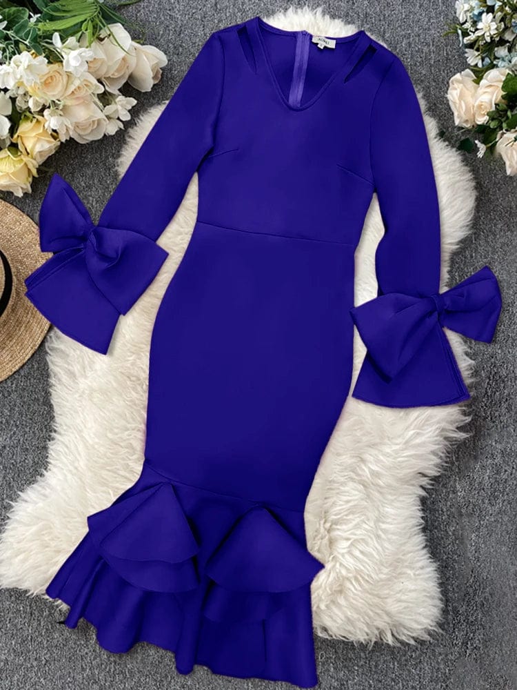 AOMEI Women Bodycon Party Dress Long Flare Sleeves Cold Shoulder Ruffles Bowtie Elegant Evening Birthday Event Robes Female 4XL - SHOWLU FASHION STORE