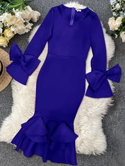 AOMEI Women Bodycon Party Dress Long Flare Sleeves Cold Shoulder Ruffles Bowtie Elegant Evening Birthday Event Robes Female 4XL - SHOWLU FASHION STORE