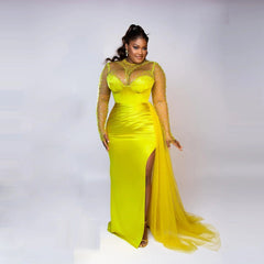 Aso Ebi Plus Size Evening Dresses High Neck Beads Sequin Illusion Long Sleeves Slit Long Sleeves Party Gown Mermaid Prom Dress - SHOWLU FASHION STORE