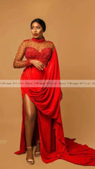 Aso Ebi Red Mermaid Evening Dresses Long Sleeve Side Split Pearls Beads Illusion Africa Formal Dress robes de soriee Customized - SHOWLU FASHION STORE