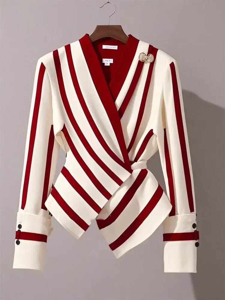 Autumn High end Luxury Long Sleeve Shirt for Women Unique Chic Korean Style V - neck Slim Commuter Striped Blosues Women Tops 3357 - SHOWLU FASHION STORE