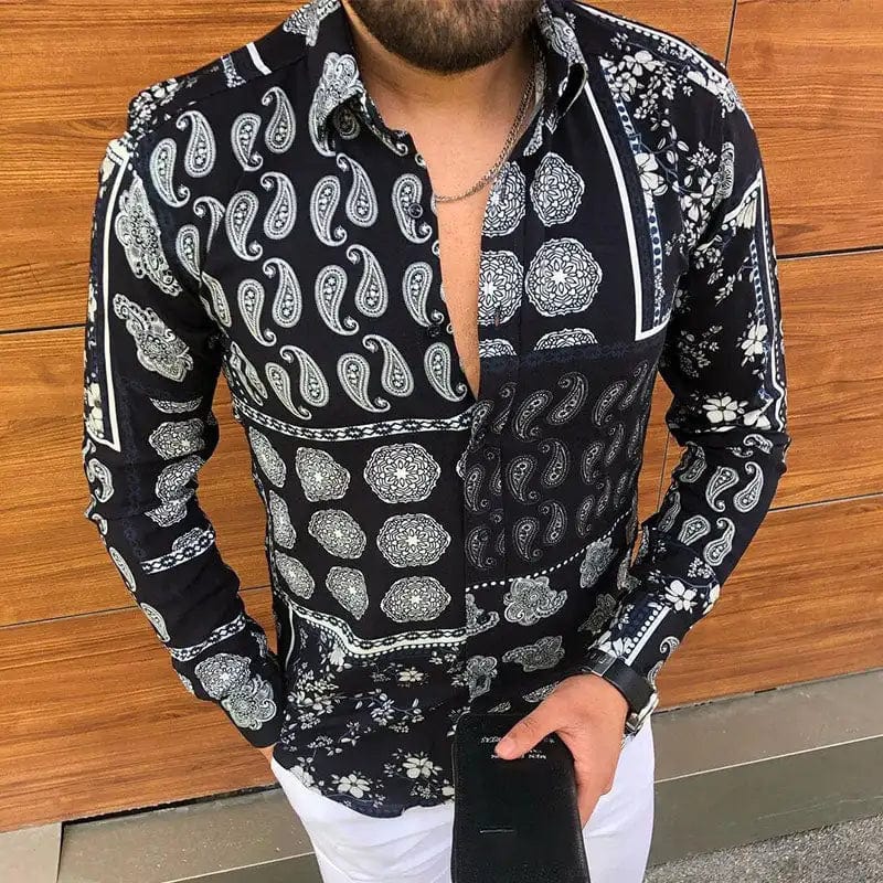 Autumn men's casual versatile fashion street men's shirt lapel single - breasted shirt men's irregular line long - sleeved shirt - SHOWLU FASHION STORE