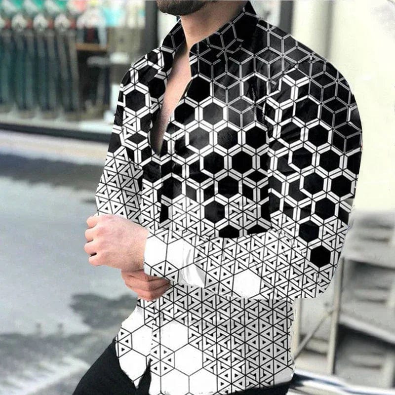 Autumn men's casual versatile fashion street men's shirt lapel single - breasted shirt men's irregular line long - sleeved shirt - SHOWLU FASHION STORE