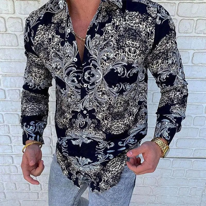 Autumn men's casual versatile fashion street men's shirt lapel single - breasted shirt men's irregular line long - sleeved shirt - SHOWLU FASHION STORE