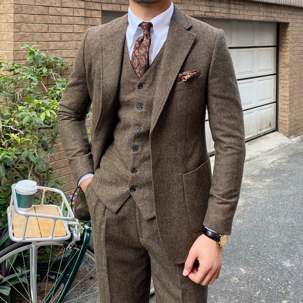 Autumn Winter Retro Herringbone Pattern Silm Gentleman Men's Suit - SHOWLU FASHION STORE