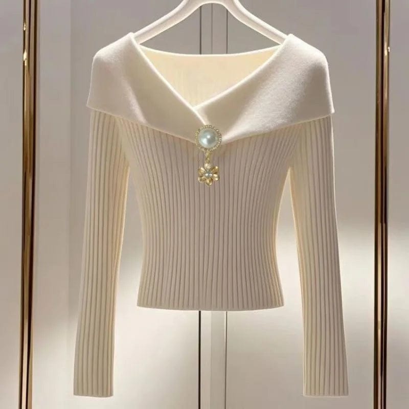 Autumn Winter Women Korean Fashion Elegant Chic Warm Basic Ribbed Knit T-shirt Sexy V Neck Long Sleeve Solid Slim Pullover Tops - SHOWLU FASHION STORE