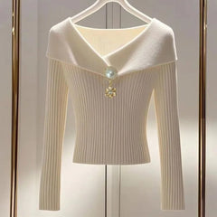 Autumn Winter Women Korean Fashion Elegant Chic Warm Basic Ribbed Knit T-shirt Sexy V Neck Long Sleeve Solid Slim Pullover Tops - SHOWLU FASHION STORE