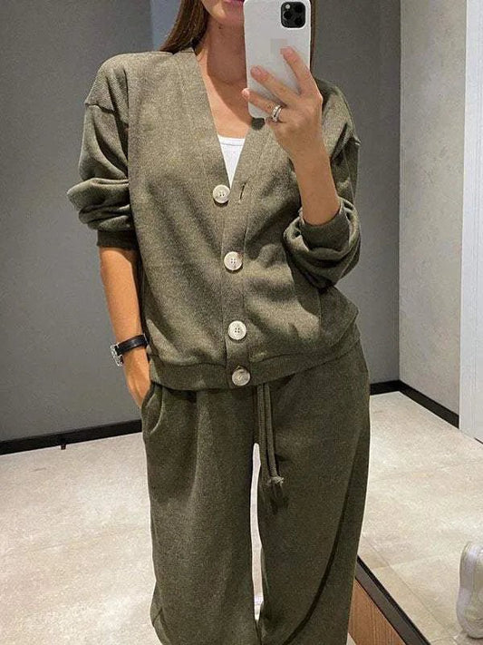 Autumn Winter Women's Clothing Fashion Single Breasted Casual Sports Suit Cardigan Top Lace Up Pants Two - piece Set Women - SHOWLU FASHION STORE