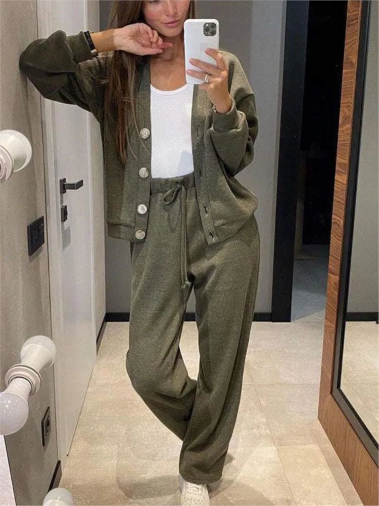 Autumn Winter Women's Clothing Fashion Single Breasted Casual Sports Suit Cardigan Top Lace Up Pants Two - piece Set Women - SHOWLU FASHION STORE