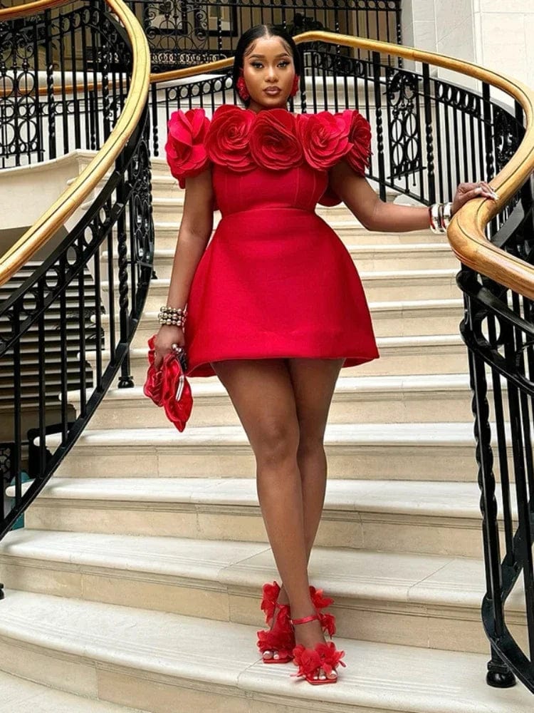Autumn/winter New Fashion Design Sense Three - dimensional Flower High Waist A - line Short Dress Holiday Party Pleated Dress Retro - SHOWLU FASHION STORE
