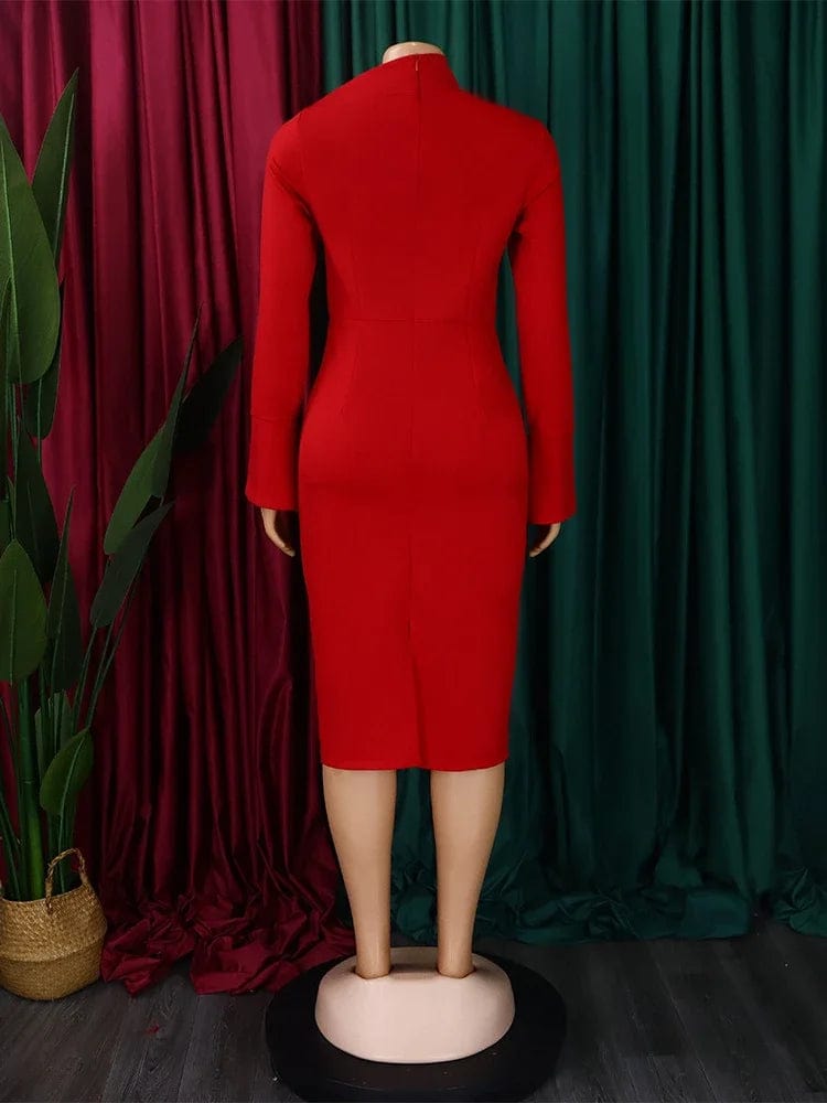 Autumn/Winter New Long Sleeve Bag Hip Style OL Diagonal Collar Solid Color Large African Dress Christmas Party Bodycon Dresses - SHOWLU FASHION STORE