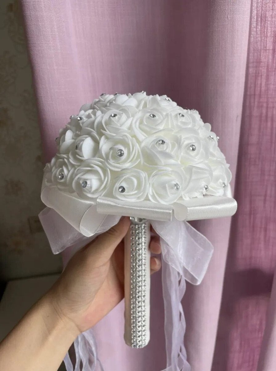 AYiCuthia boeket zijde bloemen Bridesmaid Wedding Foamflowers White Rose Bridal bouquet White Satin Romantic Wedding bouquet S21 - SHOWLU FASHION STORE