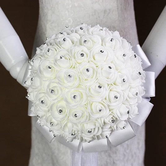 AYiCuthia boeket zijde bloemen Bridesmaid Wedding Foamflowers White Rose Bridal bouquet White Satin Romantic Wedding bouquet S21 - SHOWLU FASHION STORE