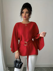 Elegant Light Blue Long Sleeve Blouse with Belted Waist - Chic Crew Neck, Flowy Design, Perfect for Casual or Formal Occasions, Casual Wear Blouse | Belted Waist Top | Structured Shoulders