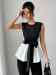 Elegant Women'S Sleeveless Crop Top Blouse with Front Tie - Black & White, Slim Fit, Round Neck, Perfect for Spring and Summer Office or Casual Wear, Spring Fashion | Sleeveless Crop Top | Stylish Bow Detail