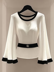 Elegant Round Neck Blouse with Flared Sleeves and Waist-Cinching Detail - White, Long Sleeve, Sleeveless Top for Women, Versatile Clothing | Minimalist Style | Elegant Sleeve Design
