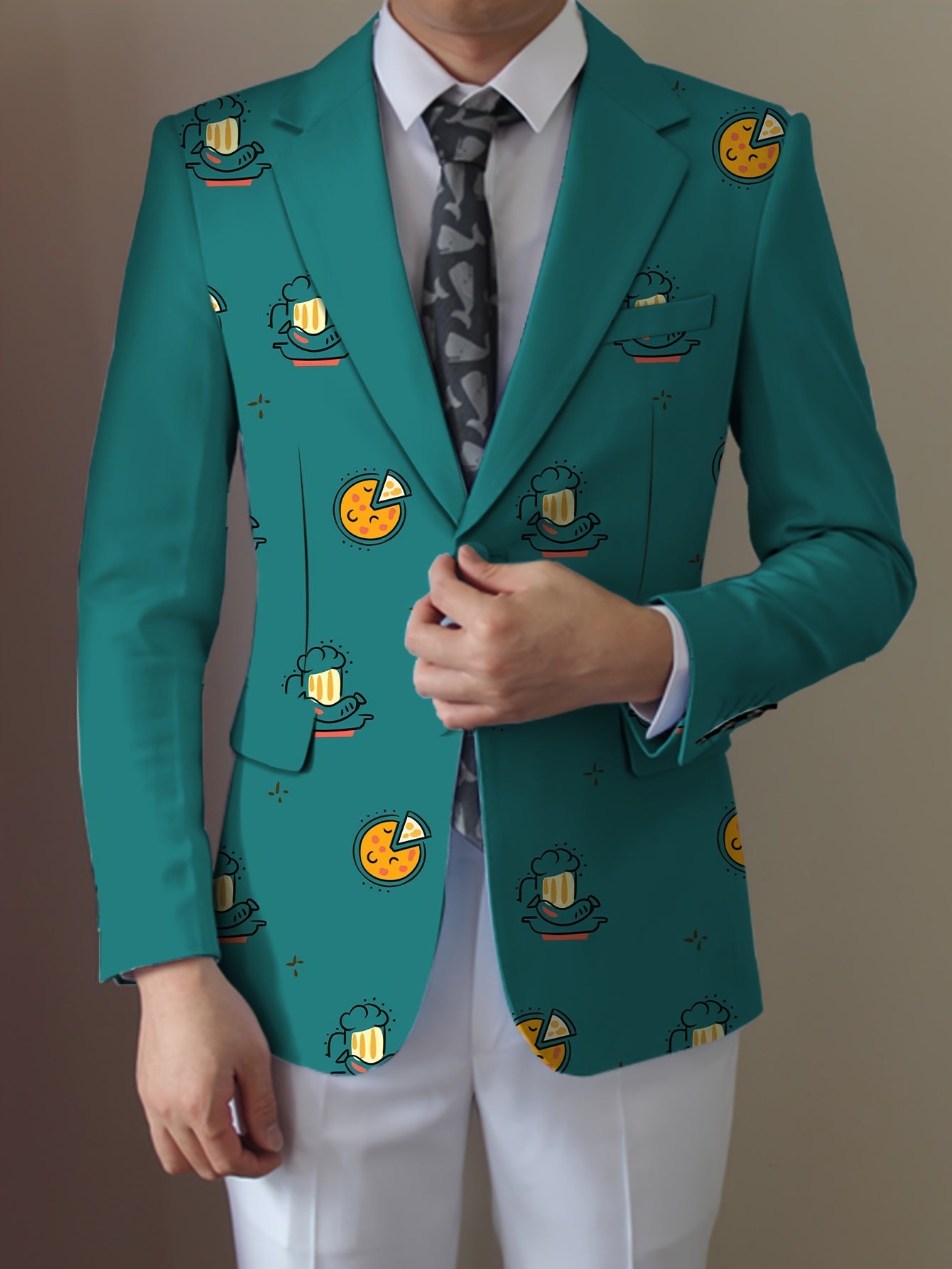 Men'S Casual Food Cartoon Pattern Suit, Polyester 95% Elastane 5%, All-Season Lapel Collar Blazer with Button Details, Regular Fit Woven Fabric SHOWLU FASHION STORE