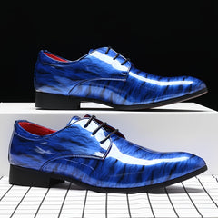 Men'S Fashion Blue Ripple Glossy Dress Shoes, Casual Business Style, All-Season Low Top Lace-Up, Pointed Toe, Upper/Inner, Rubber Sole, England-Inspired Design SHOWLU FASHION STORE