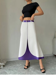 Elegant Color-Block A-Line Skirt - Purple & White Polyester-Spandex Blend, Structured Non-Stretch Fabric, Machine Washable, Button Closure, All-Season Versatile Office to Casual Wear