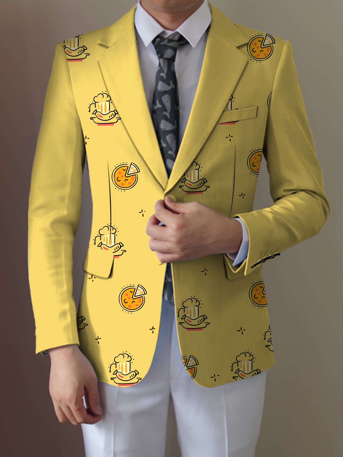 Men'S Casual Food Cartoon Pattern Suit, Polyester 95% Elastane 5%, All-Season Lapel Collar Blazer with Button Details, Regular Fit Woven Fabric SHOWLU FASHION STORE