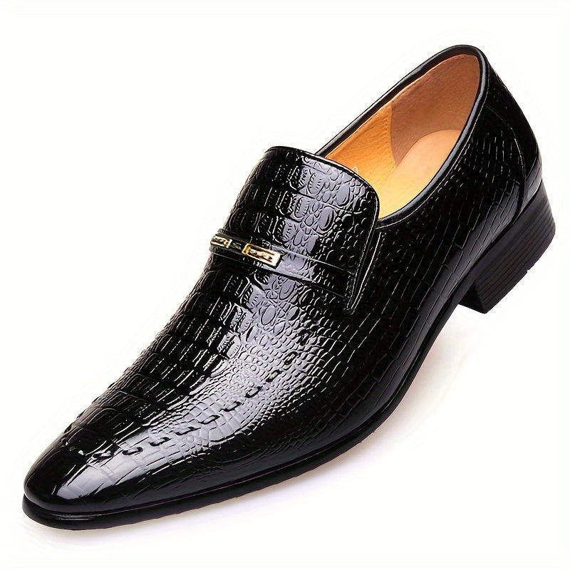 [Crocodile Oxford Loafers] Crocodile-Embossed Men's Black Oxford Loafers - Slip-On Dress Shoes with Golden-Tone Metallic Emblem - Comfortable Rubber Sole for Casual Business Formal Occasions SHOWLU FASHION STORE