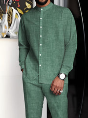 Men's minimalist Business Suit, Featuring a Stand Collar Long-Sleeved Button-Up Shirt and Straight-Cut Pants, with Solid Color and Simple Design, Exuding a Minimalist and Elegant Charm, Suitable for Business Meetings and Casu