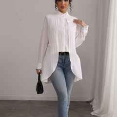 Women's Elegant Long Sleeve Blouse with Puffed Shoulders & Ruffled Cuffs - Semi-Sheer Textured Button-Up Shirt, Stack Neck Non-Stretch Top for Spring Summer Fall, Machine Washable, Seasonal Fashion, Pileated Collar, Flowing F