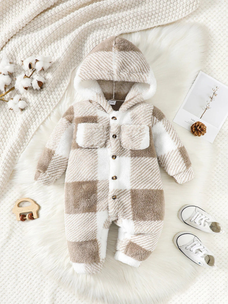 Baby Boys and Girls Plaid Romper Hooded Long Sleeved Plush Jumpsuit Winter Warm Bodysuit Clothes for Toddler Boy 3 - 24 Months - SHOWLU FASHION STORE