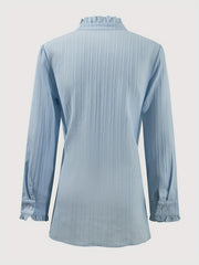 Women's Elegant Long Sleeve Blouse with Puffed Shoulders & Ruffled Cuffs - Semi-Sheer Textured Button-Up Shirt, Stack Neck Non-Stretch Top for Spring Summer Fall, Machine Washable, Seasonal Fashion, Pileated Collar, Flowing F