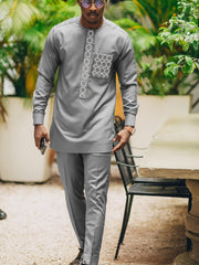 2024 Autumn New, Dashiki Men'S Set, Long Sleeve Top, Chest Embroidery, Hidden Button, Pocket, Round Neck, Split Hem, Elastic Pants, African Clothing, Men'S Casual Shirt and Trousers 2pcs Set, Four Seasons New 1 Set, Street St