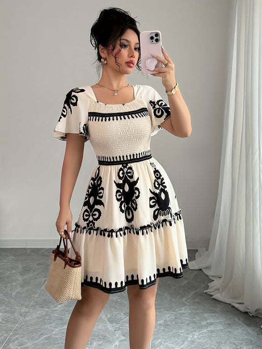 Elegant Mini Dress with a Square Neckline, Featuring Fashionable Prints, Pleats, a Cinched Waist for a Slimming Effect, And Ruffled Edges with an A-Line Hem.