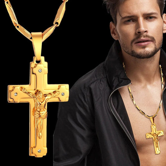 Big Stainless Steel Necklace Chain 4 Size Gold Color Christian Jewelry Jesus Crucifix Men's Cross Pendant Necklace For Men xl999 - SHOWLU FASHION STORE
