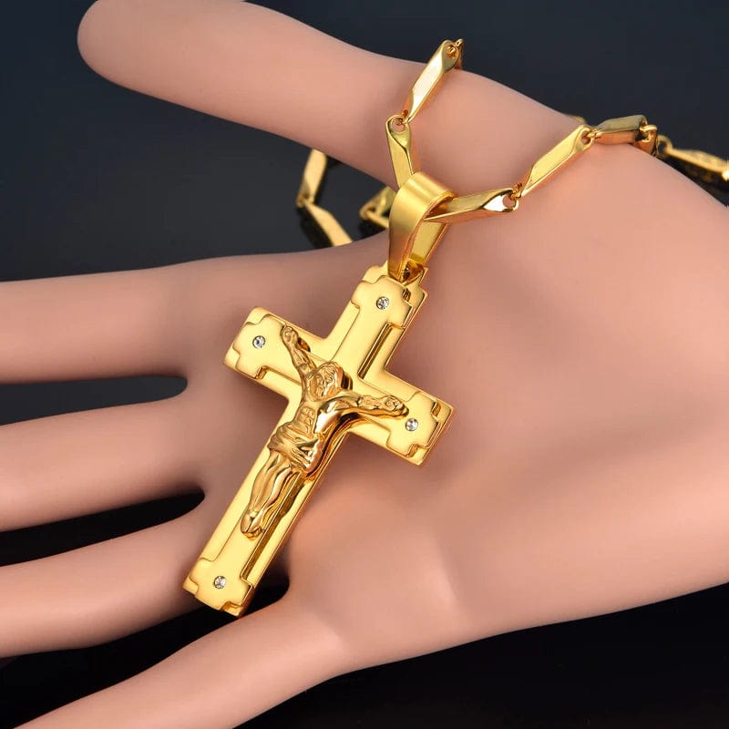 Big Stainless Steel Necklace Chain 4 Size Gold Color Christian Jewelry Jesus Crucifix Men's Cross Pendant Necklace For Men xl999 - SHOWLU FASHION STORE