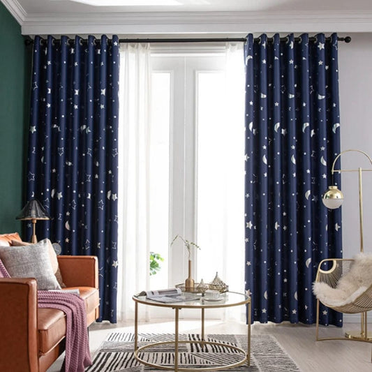 Blackout Curtains For Kids Boys With Stars And Moon Bedroom Livingroom Window Drapes Navy Blue Gray Pink - SHOWLU FASHION STORE