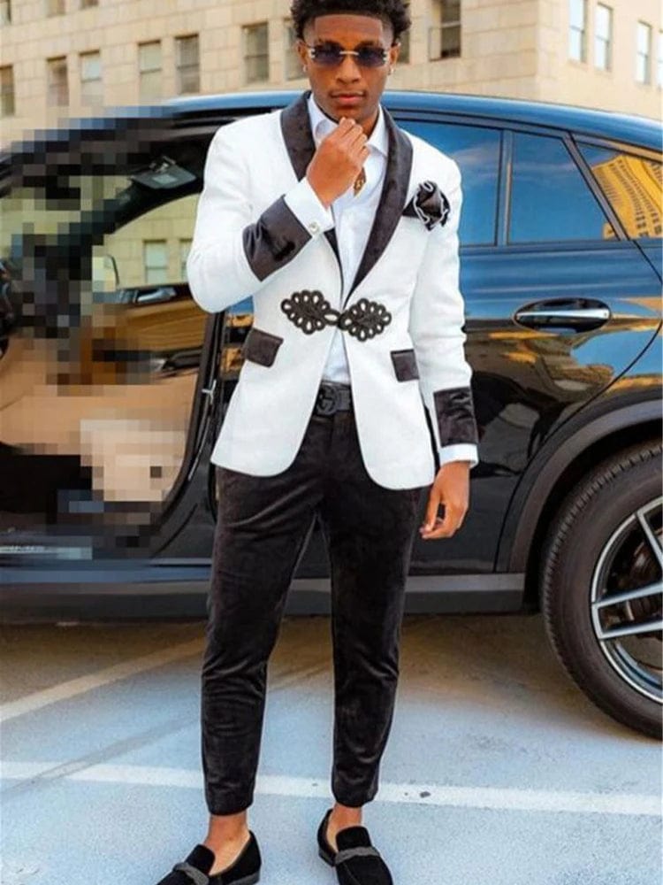 Black&White Jaquard Suits for Men 2 Pieces Slim Fit Young Man Prom Party Suit Velvet Wedding Tuxedos Trajes De Hombre Coat+Pant - SHOWLU FASHION STORE